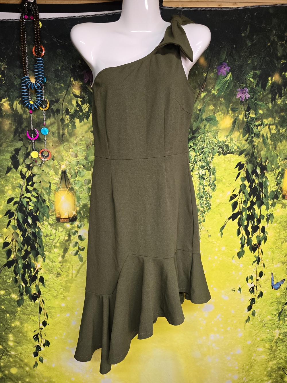 #145 One-Shoulder Olive Ruffle-Hem Dress with Tie Shoulder